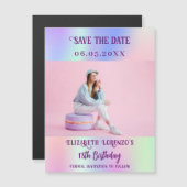 Holografische roze foto verjaardag Save the Date (Voorkant / Achterkant)