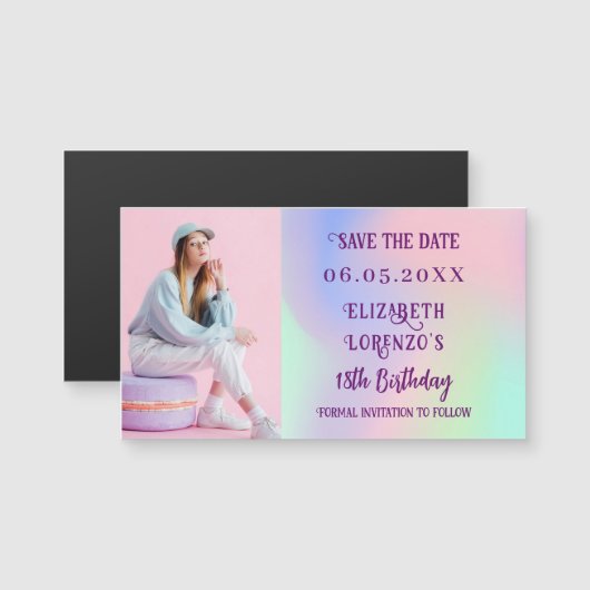 Holografische roze foto verjaardag Save the Date (Voorkant / Achterkant)