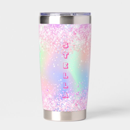 Holografische roze glitter aangepaste naam meisje geïsoleerde drinkbeker (Voorkant)