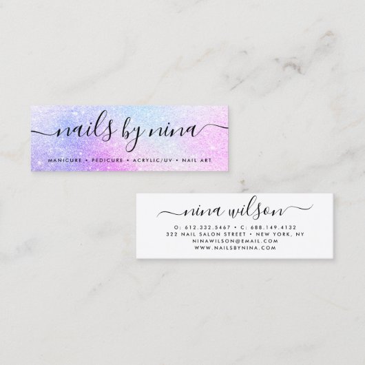 Holografische roze glitter chique script handteken mini visitekaartje (Voorkant / Achterkant)