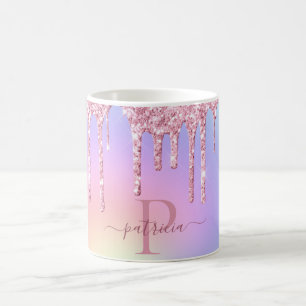 Holografische Roze Glitter Druppels Elegante Monog Koffiemok