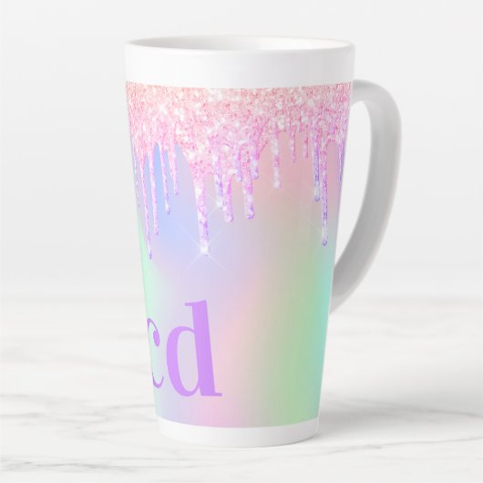 Holografische roze glitter druppels monogram latte mok (Rechterhoek)