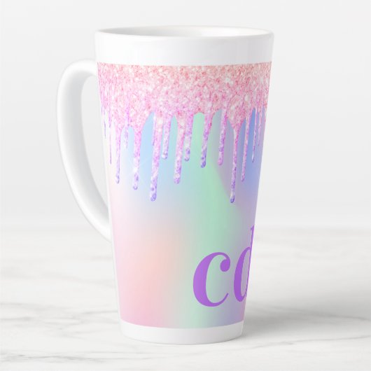 Holografische roze glitter druppels monogram latte mok (Linkerhoek)