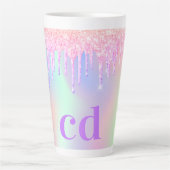 Holografische roze glitter druppels monogram latte mok (Voorkant)