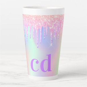 Holografische roze glitter druppels monogram latte mok