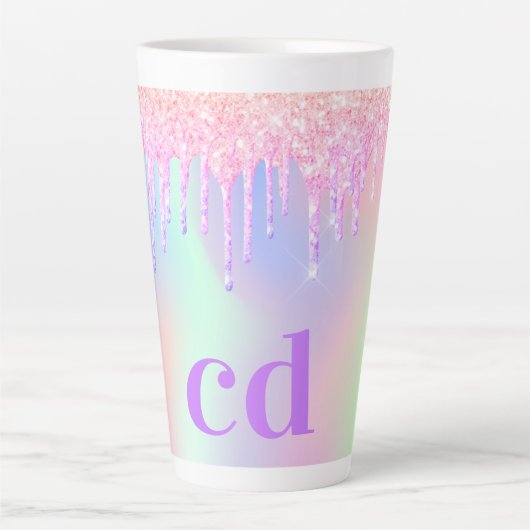 Holografische roze glitter druppels monogram latte mok (Voorkant)