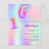 Holografische roze neon Sweet 16 budget uitnodigin (Voorkant)