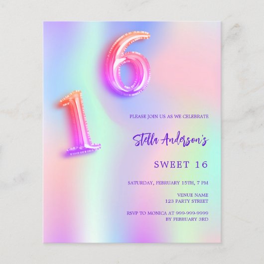 Holografische roze neon Sweet 16 budget uitnodigin (Voorkant)