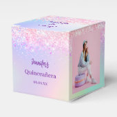 Holografische roze paarse foto Quinceanera Bedankdoosjes (Voorkant Zijde)