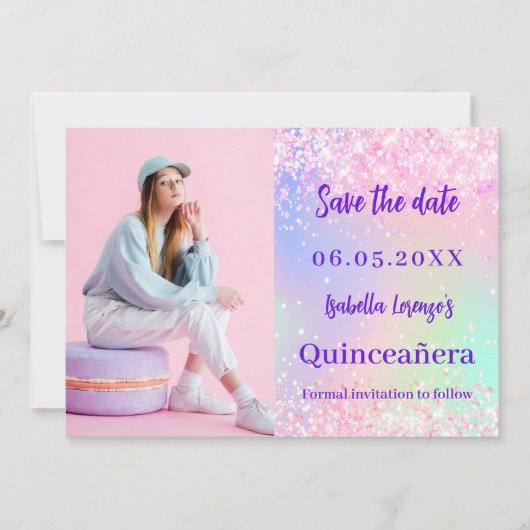 Holografische roze paarse foto Quinceanera Save The Date (Voorkant)