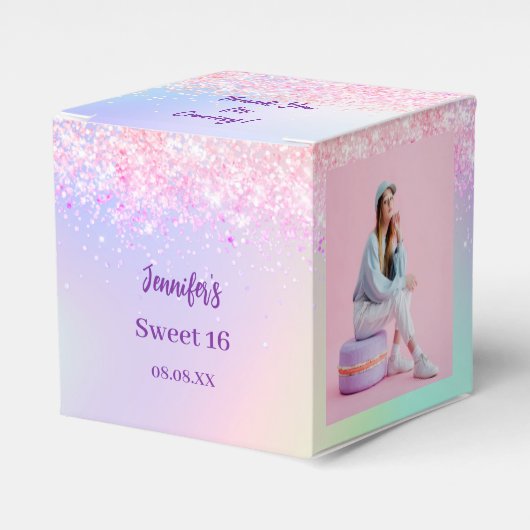 Holografische roze paarse foto Sweet 16 Bedankdoosjes (Voorkant Zijde)
