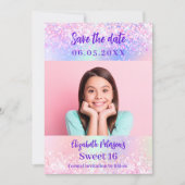Holografische roze paarse foto Sweet 16 Save The Date (Voorkant)