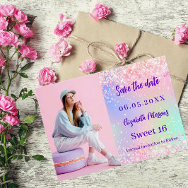 Holografische roze paarse foto Sweet 16 Save The Date