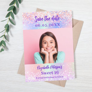 Holografische roze paarse foto Sweet 16 Save The Date