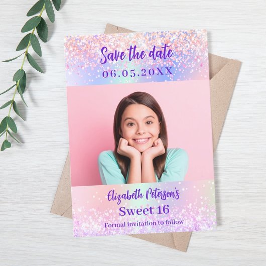 Holografische roze paarse foto Sweet 16 Save The Date