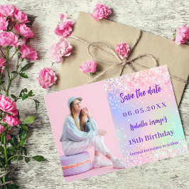 Holografische roze paarse foto Verjaardag Save The Date