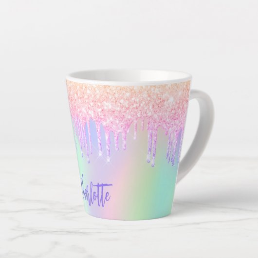 Holografische roze paarse glitter druipt naam latte mok (Rechterhoek)