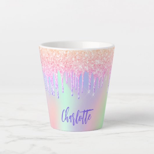 Holografische roze paarse glitter druipt naam latte mok (Voorkant)