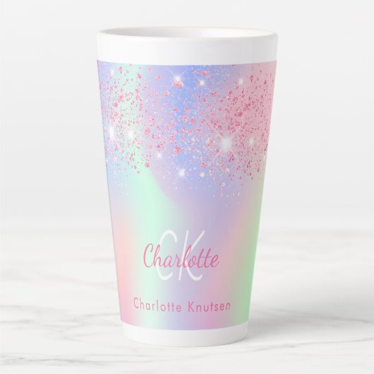 Holografische roze paarse glitter mint naam latte mok (Voorkant)