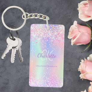 Holografische roze paarse glitter monogram naam sleutelhanger