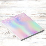 Holografische roze paarse glitter naam notitieblok<br><div class="desc">Roze,  paarse,  mintgroene holografische achtergrond. Versierd met roze faux glitter. Personaliseer en voeg jouw namen toe.</div>