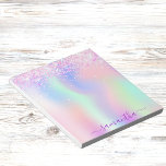 Holografische roze paarse glitter naam notitieblok<br><div class="desc">Roze,  paarse,  mintgroene holografische achtergrond. Versierd met roze faux glitter. De naam is geschreven met een modern handgeschreven stijlscript met swashes. Als u de swashes alleen wilt laten verwijderen,  verwijdert u de voorbeeldnaam door de spaties of emoji's voor en achter de naam te laten.</div>