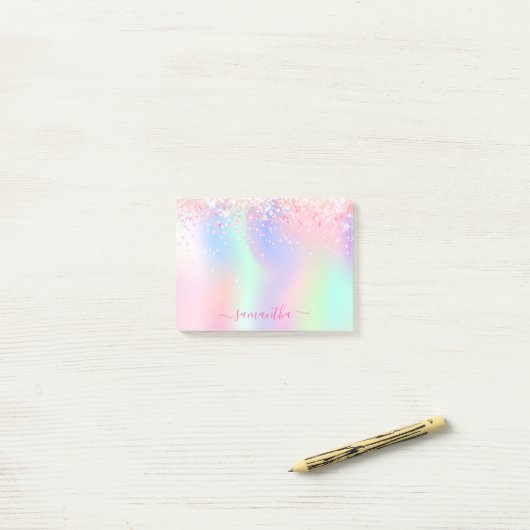Holografische roze paarse glitter naam post-it® notes (Op bureau)