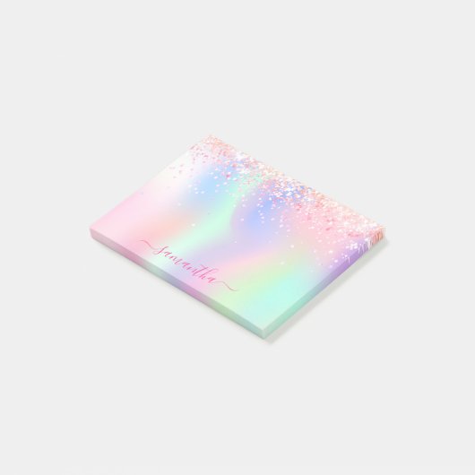 Holografische roze paarse glitter naam post-it® notes (Schuin)
