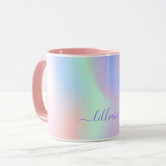 Holografische roze paarse groene naam script mok (Voorkant links)