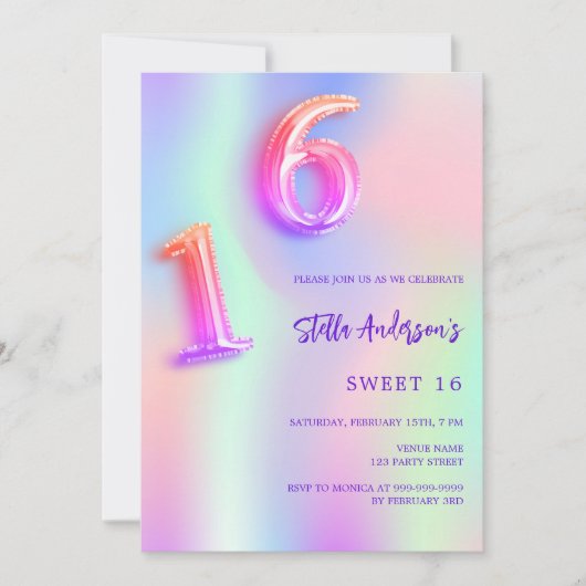 Holografische roze paarse neon Sweet 16 Kaart (Voorkant)
