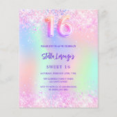 Holografische roze paarse Sweet 16 budget uitnodig (Voorkant)
