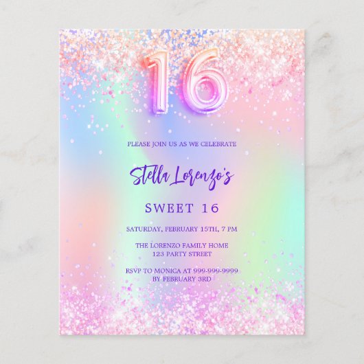 Holografische roze paarse Sweet 16 budget uitnodig (Voorkant)