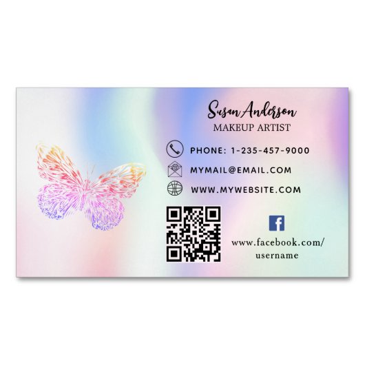 Holografische roze vlinder QR-code Facebook Magnetisch Visitekaartje (Voorkant)