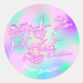 Holografische Roze Vrolijke Kerstmis van Naam Girl Ronde Sticker