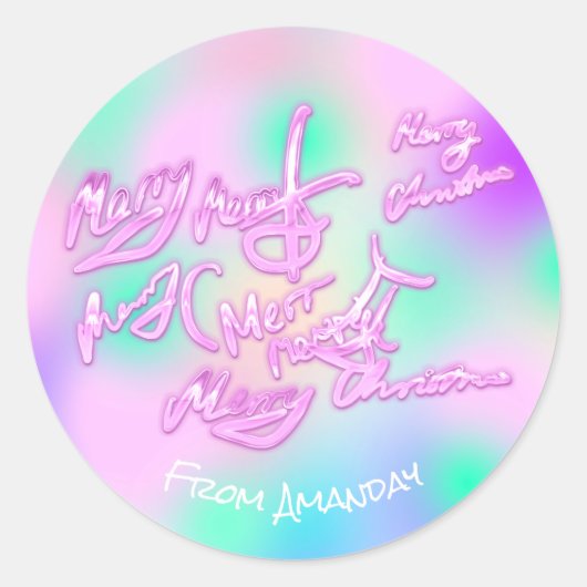 Holografische Roze Vrolijke Kerstmis van Naam Girl Ronde Sticker (Voorkant)