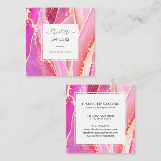 Holografische Roze Waterverf Gouden Splatter Vierkante Visitekaartje (Voorkant / Achterkant)