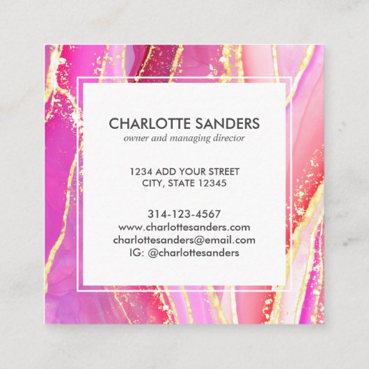 Holografische Roze Waterverf Gouden Splatter Vierkante Visitekaartje (Achterkant)