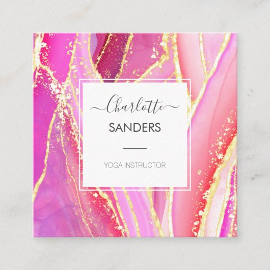 Holografische Roze Waterverf Gouden Splatter Vierkante Visitekaartje (Voorkant)