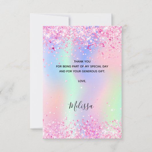 Holografische roze witte jurk bedankkaart (Achterkant)