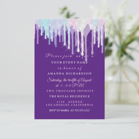 Holografische schijven Unicorn Pink Paars Sweet 16 Kaart (Staand voorkant)