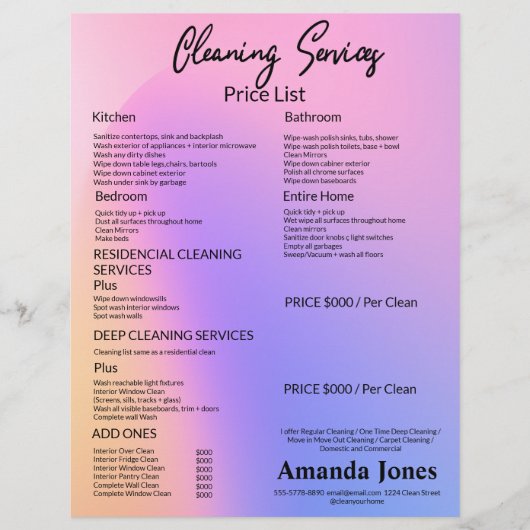 Holografische schoonmaakdiensten prijslijst Menu (Voorkant)
