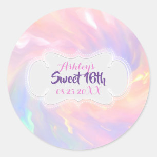 Holografische Sweet 16  Naam Roze Datum Quinceañer Ronde Sticker