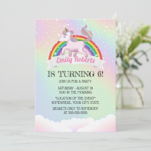Holografische Unicorn & Rainbow Birthday Party Kaart (Staand voorkant)