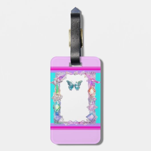 Holografische Vlinder Bagagelabel Aqua (Achterkant verticaal)
