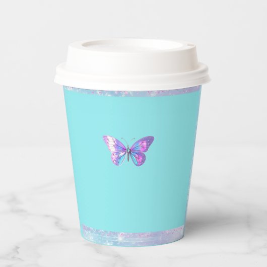 Holografische Vlinderpapier Cup Aqua Papieren Bekers (Voorkant)