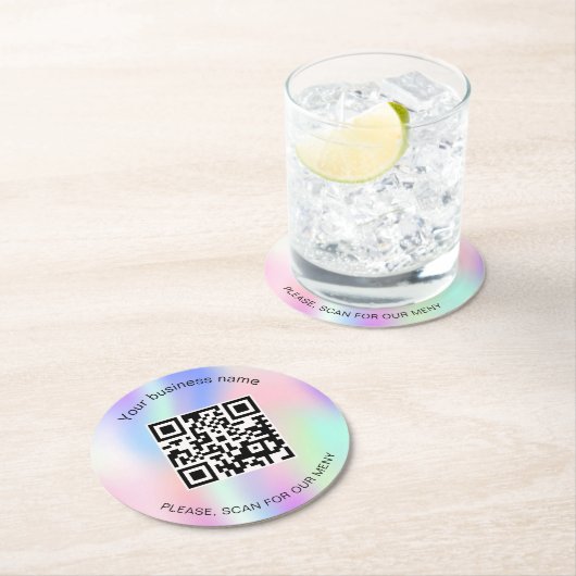 Holografische zakelijke bar restaurant menu qr-cod ronde kartonnen onderzetter (Insitu)