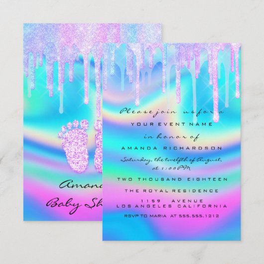 Hologram Unicorn Baby shower Girly Feet Glitter Kaart (Voorkant / Achterkant)