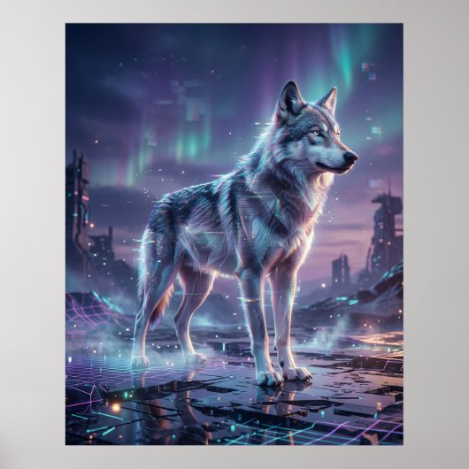 Hologram Wolf Glitch Wasteland Poster (Voorkant)