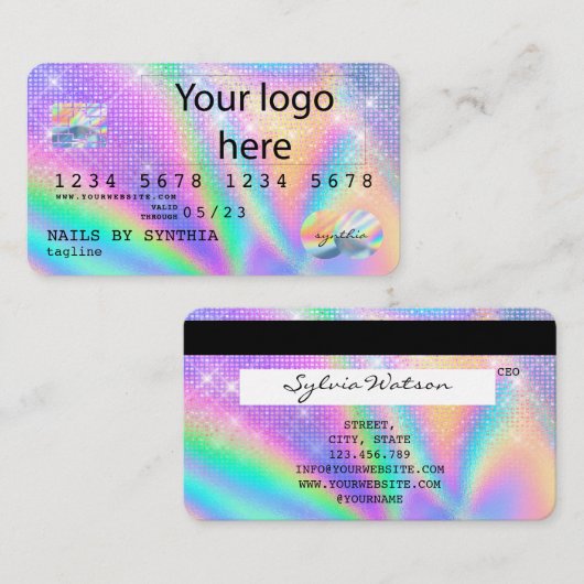Holograph Credit Kaart Nail Tech ADD LOGO Visitekaartje (Voorkant / Achterkant)