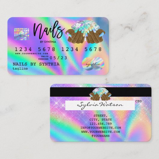 Holograph Credit Kaart Nail Tech manicure Visitekaartje (Voorkant / Achterkant)